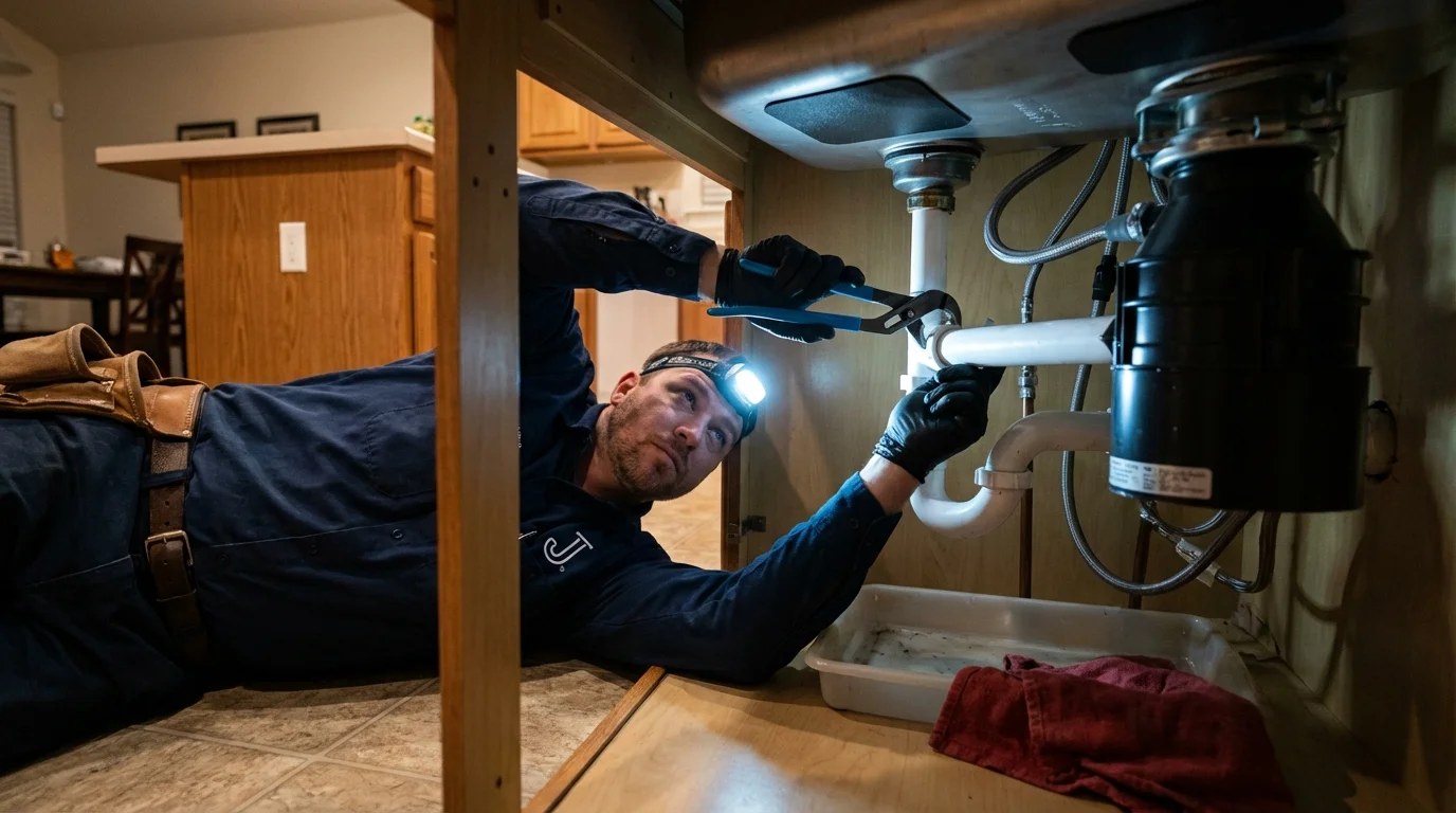 P-trap and supply line connections under a kitchen sink showing a common leak point in Berryville, VA